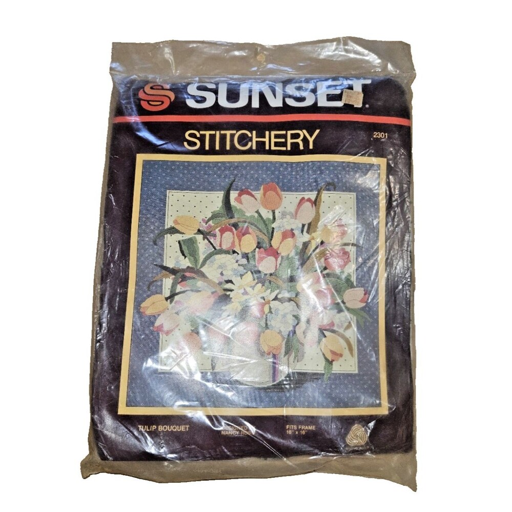 NEW 1985 VTG SUNSET STITCHERY CREWEL TULIP BOUQUET EMBOIDERY KIT GRANNY